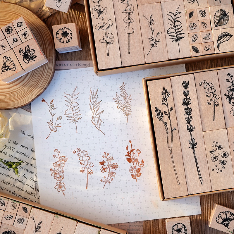 Wood Mounted Rubber Stamps Plant And Flower Decorative Wooden Rubber Stamp Set 22 Pcs/set For Diy Craft Diary Craft Scrapbooking